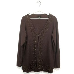 BCBG Maxazria 1X Cardigan Brown Beaded Embroidered